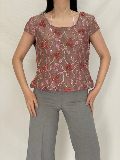 Vintage Raffaello Floral Embellished Beaded Party Top Embroidered Pink Evening Blouse – L