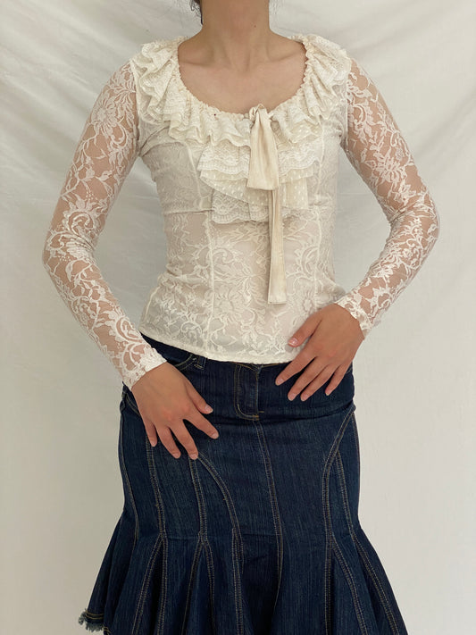 Vintage Favori Ivory Lace Ruffle Top Sheer Romantic Coquette Y2K Blouse - S