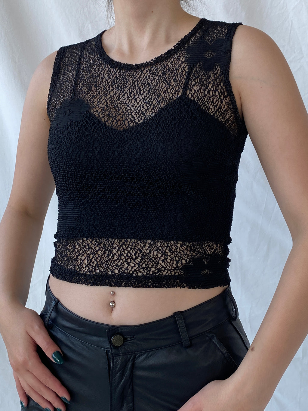 Vintage Y2K Streetwear Crew Neck Sheer Mesh Black Floral Top - S