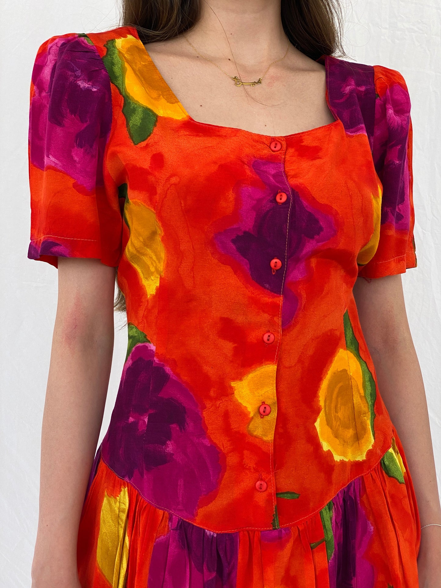 Vintage 80s La Li T Orange Floral Midi Dress - L