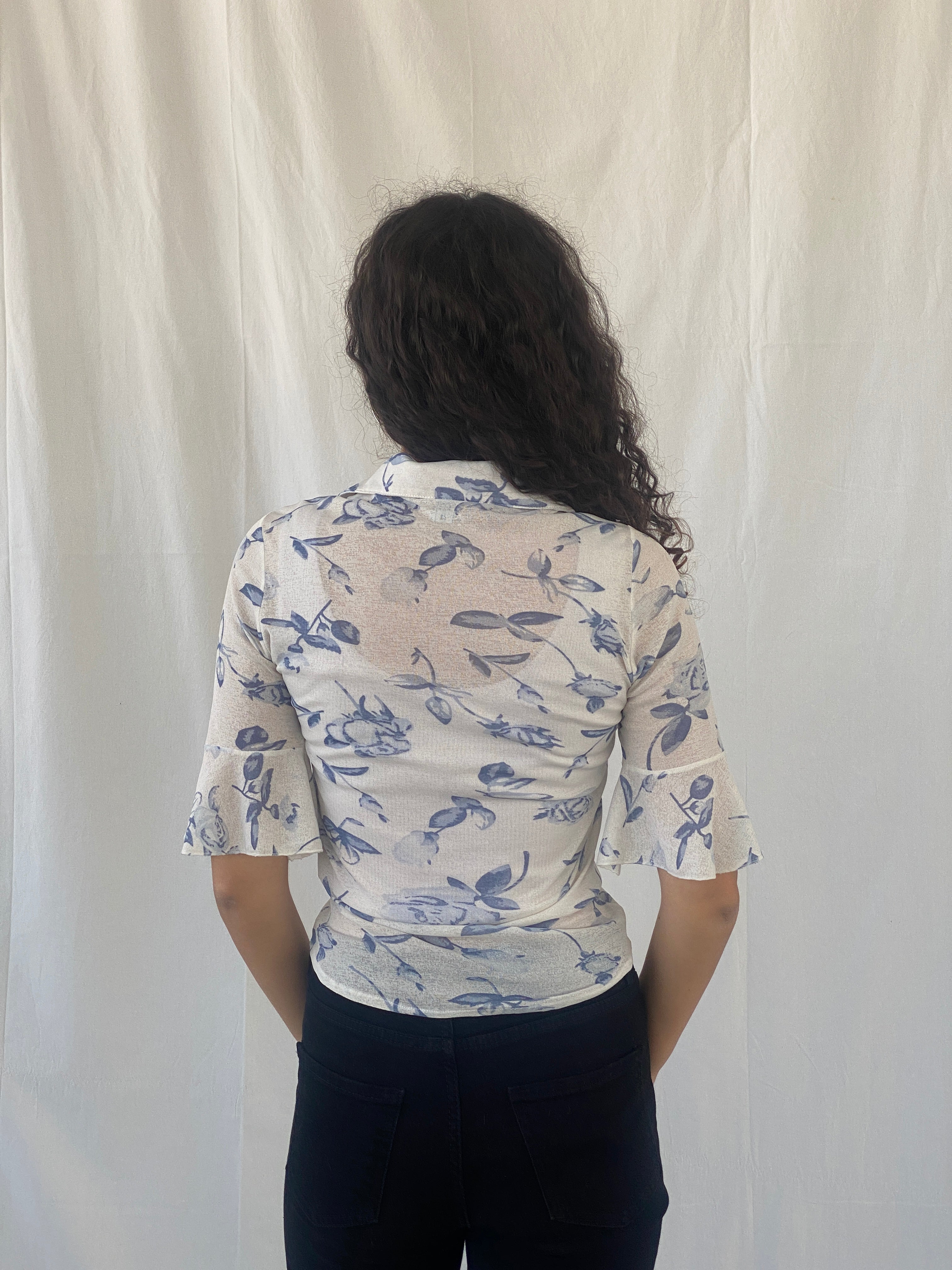 Y2K Farbe Floral White & Blue Button Up Shirt - S