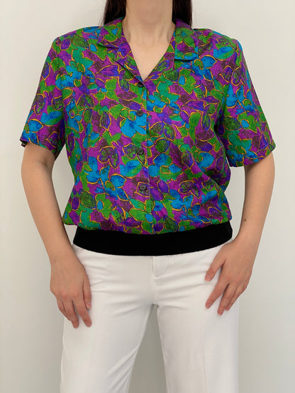 Vintage 80s Gianna Jewel Tone Floral Print Short Sleeve Blouse - M
