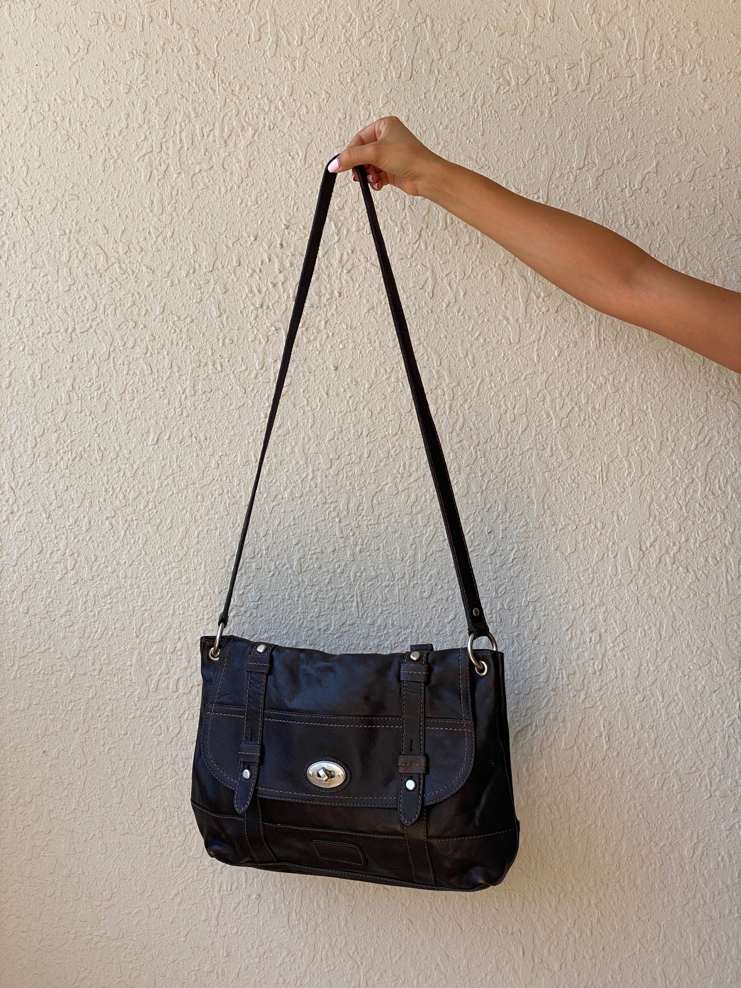 Vintage Y2K Fossil Long Live Vintage Black Distressed Leather Convertible Satchel Crossbody Bag