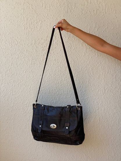 Vintage Y2K Fossil Long Live Vintage Black Distressed Leather Convertible Satchel Crossbody Bag