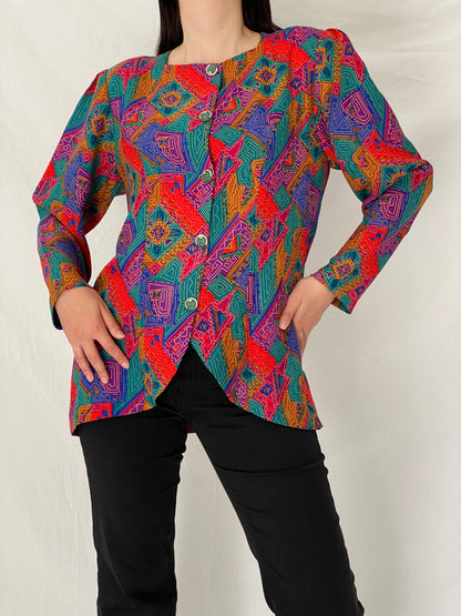 Vintage 90s Handmade Tribal Pop Statement Blazer Multicolor Geometric Art Jacket – L