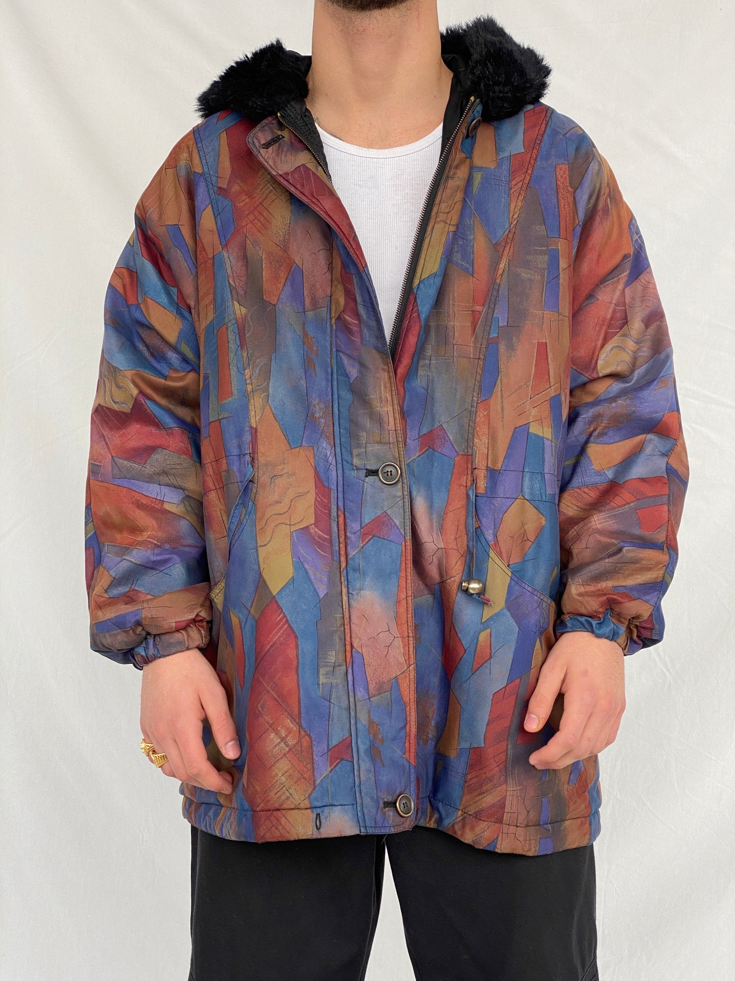 Vintage 80s Vive Le Vent Abstract Geometric Coat - L