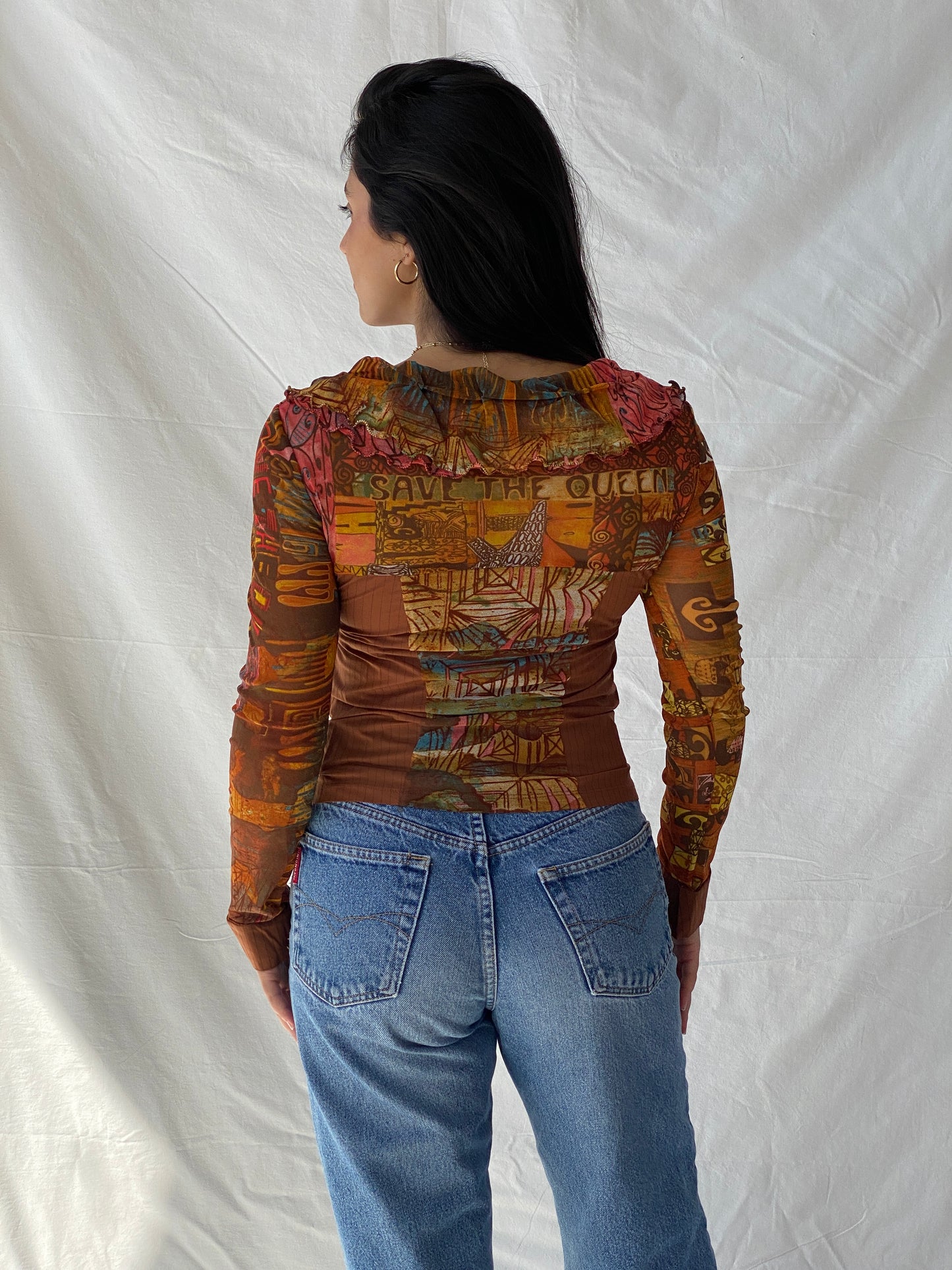 Rare Vintage Save The Queen Graphic Multicolored Zip Up Mesh Top - M