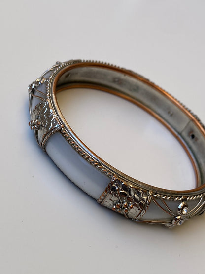 Vintage White Enamel & Silver-Tone Ornate Bangle Bracelet Rhinestone Detail