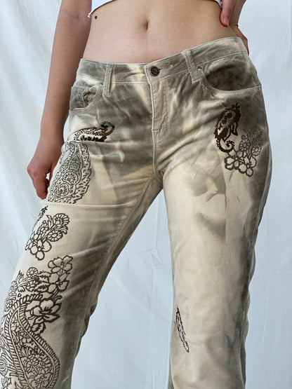 Rare Vintage Bebe Jeans Gray & Beige Tones Graphic Flared Velvet Pants - 38EUR