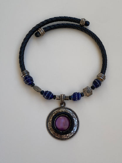 Vintage Chico’s Black Braided Cord Purple Glass Beaded Medallion Choker Necklace