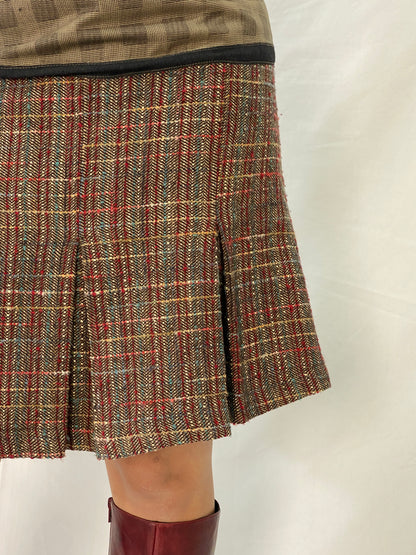 Beautiful Not The Same Red Brown Tweed Pleated Short Belted Skirt - M