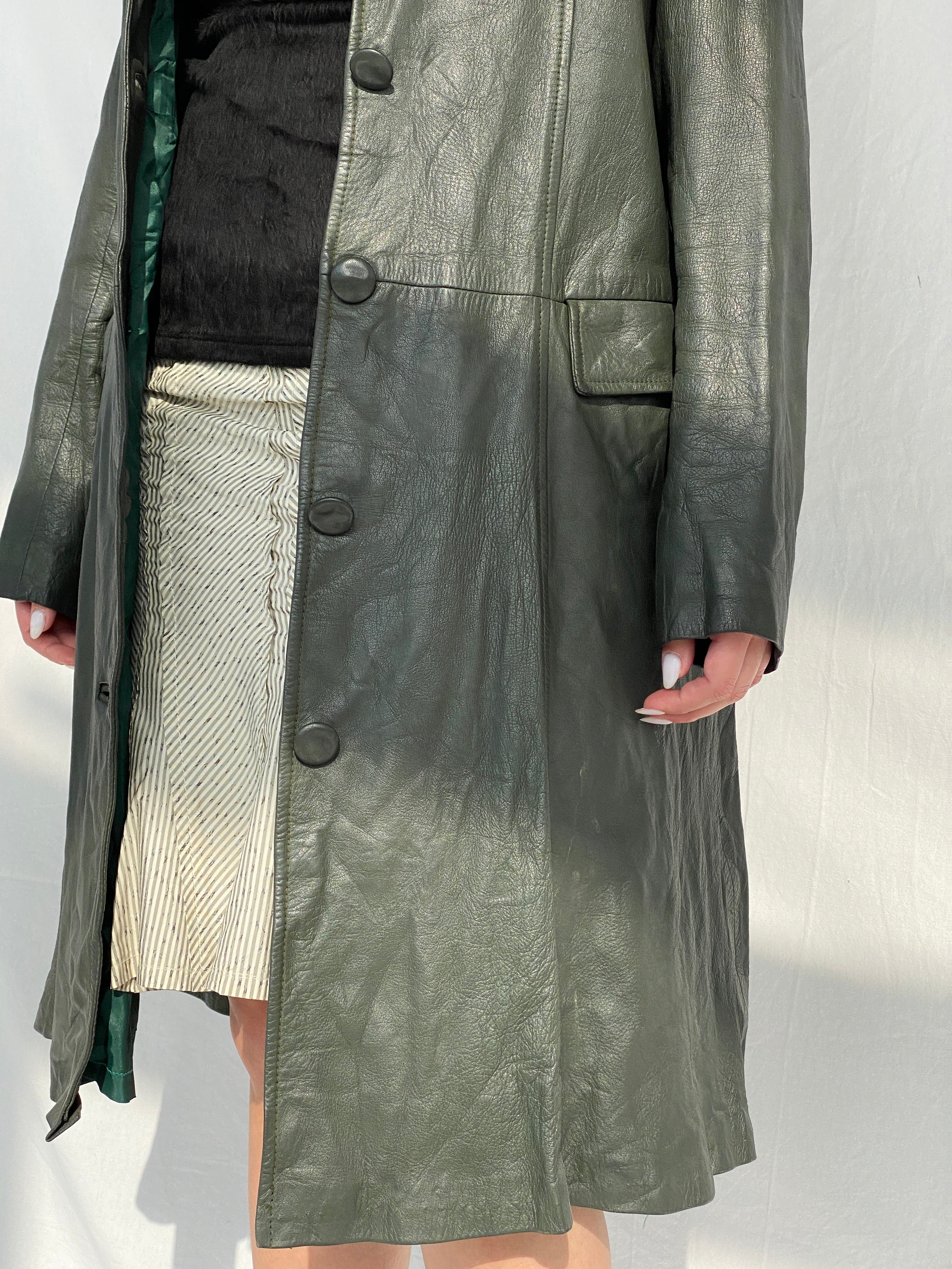 Vintage 90s Genuine Leather Olive Green Coat - L