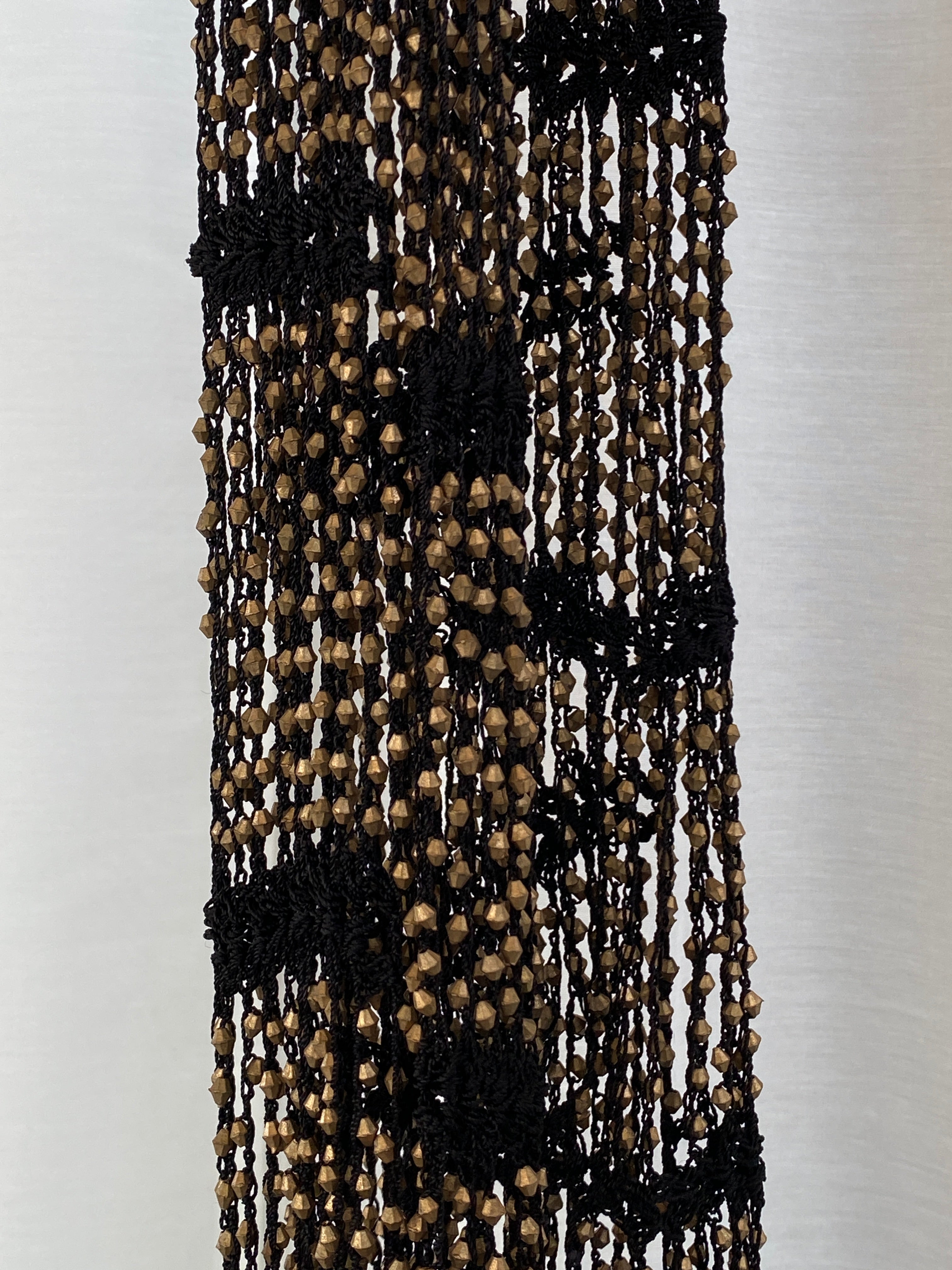 Therapy Black Crochet Beaded Fringe Scarf with Bronze Embellishments Statement Wrap