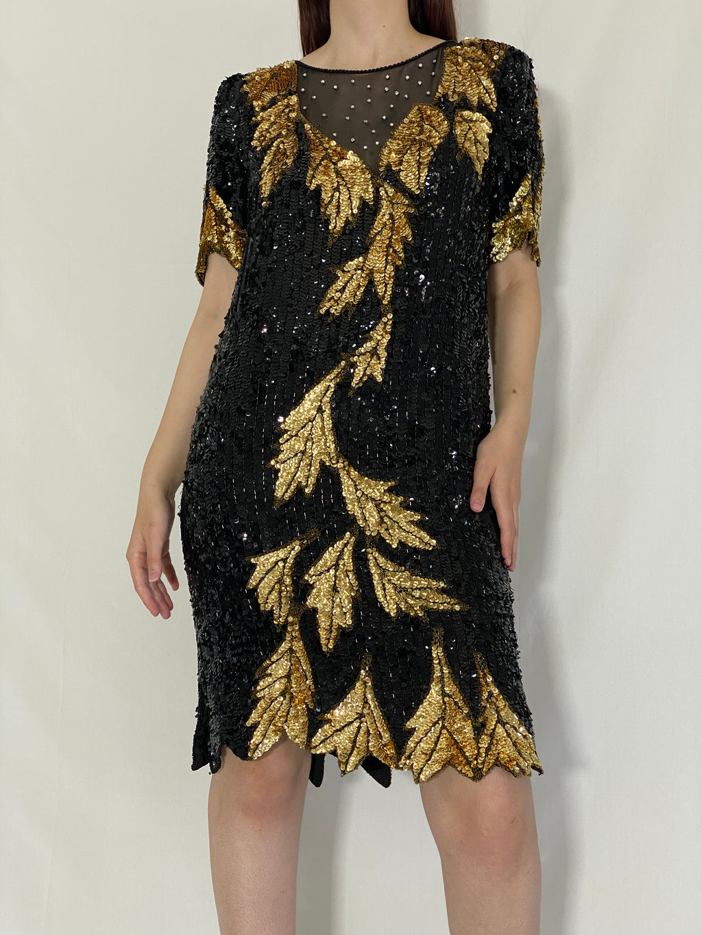 Vintage 80s/90s Sho Max Originals Black Silk Sequin Gold Leaf Beading Party Dress - L