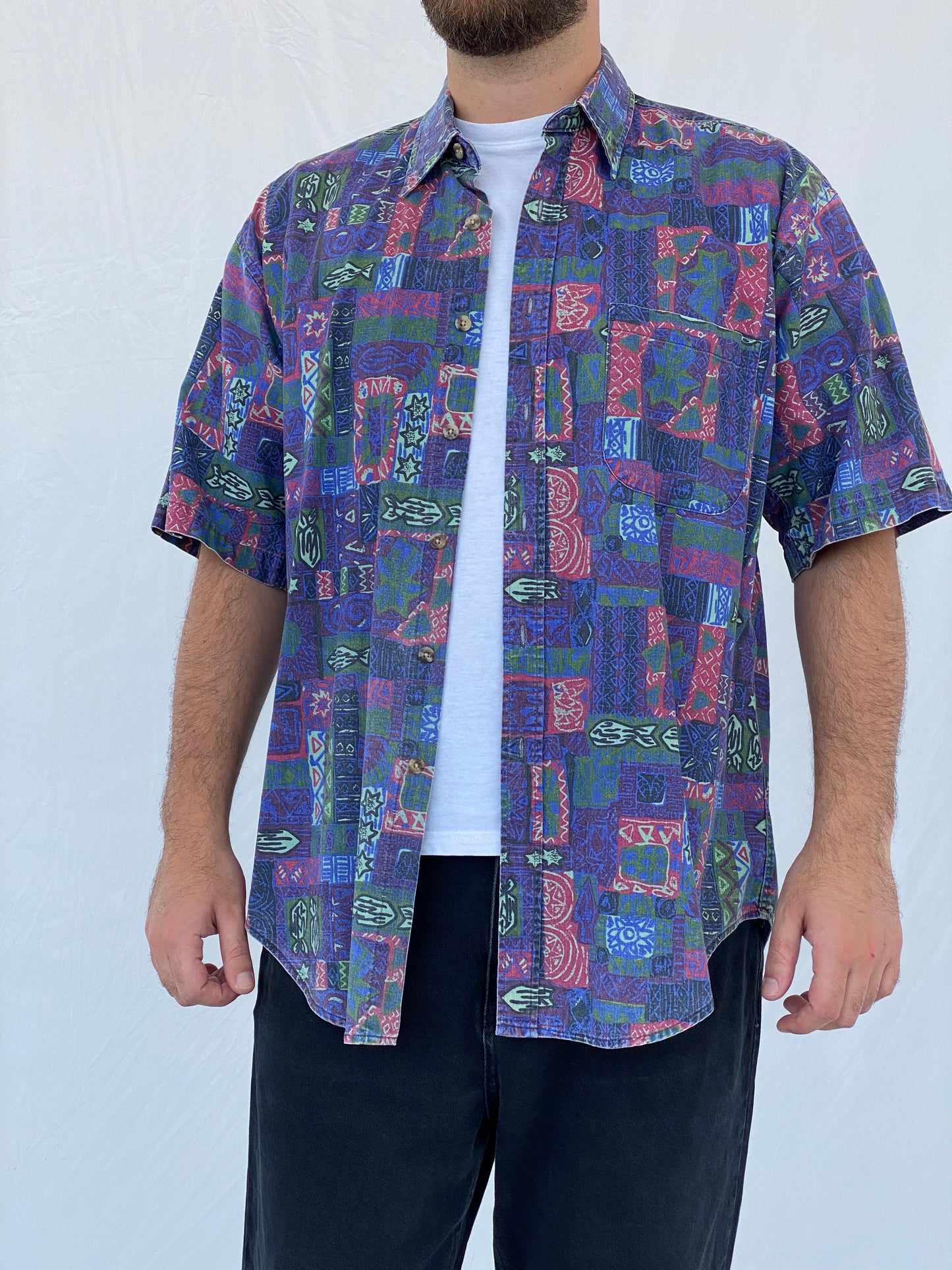 Vintage American Blue Printed Purple Short-Sleeve Cotton Shirt - L