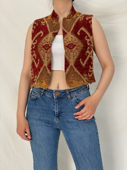 Vintage Handmade Tapestry Open Front Vest Red Boho Waistcoat – L