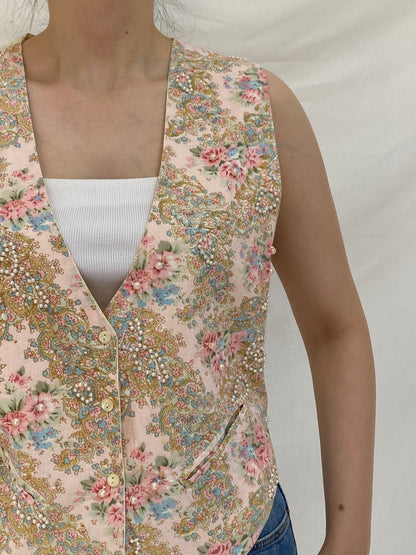 Vintage Fashion Passport Floral Cotton Beaded Vest – M