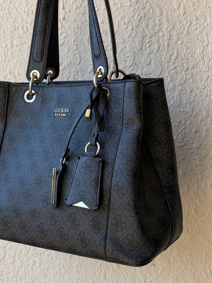 Vintage Y2K GUESS Black Monogram Logo Structured Tote Shoulder Bag