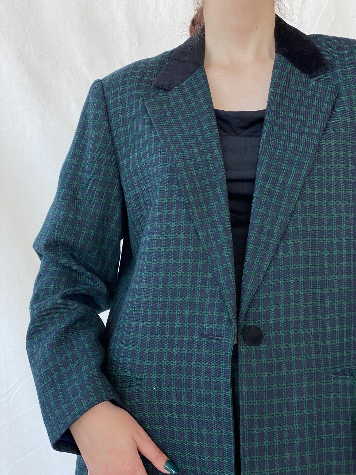 Vintage LESLIE FAY Sportswear Black and Green Plaid Blazer Pants Power Suit Set - XL