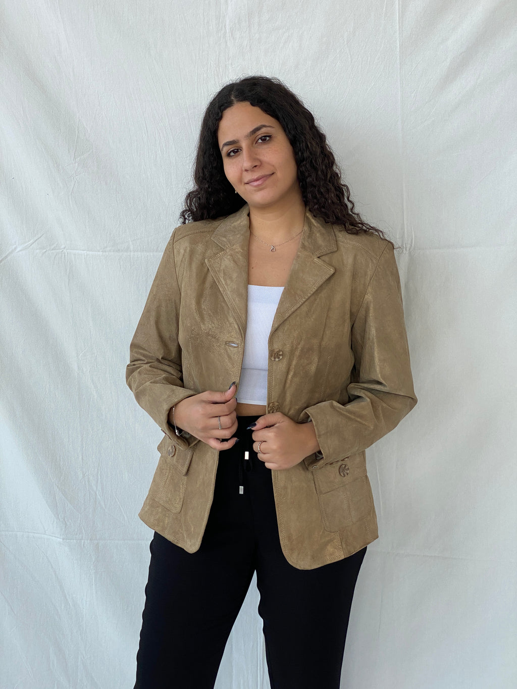 Vintage Genuine Suede Leather Gold Blazer Jacket - L