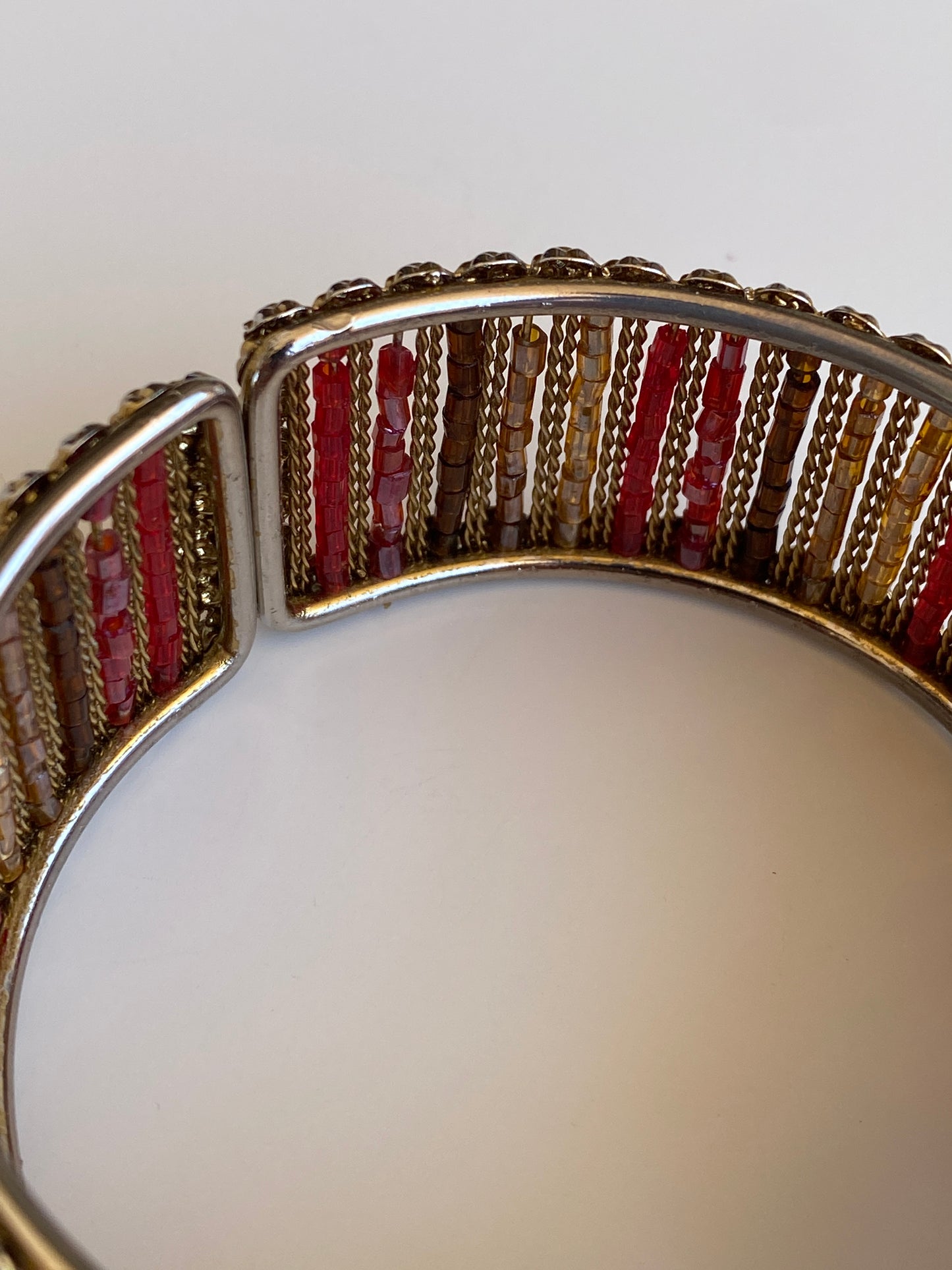Vintage Gold-Tone Red & Amber Beaded Hinged Cuff Bracelet