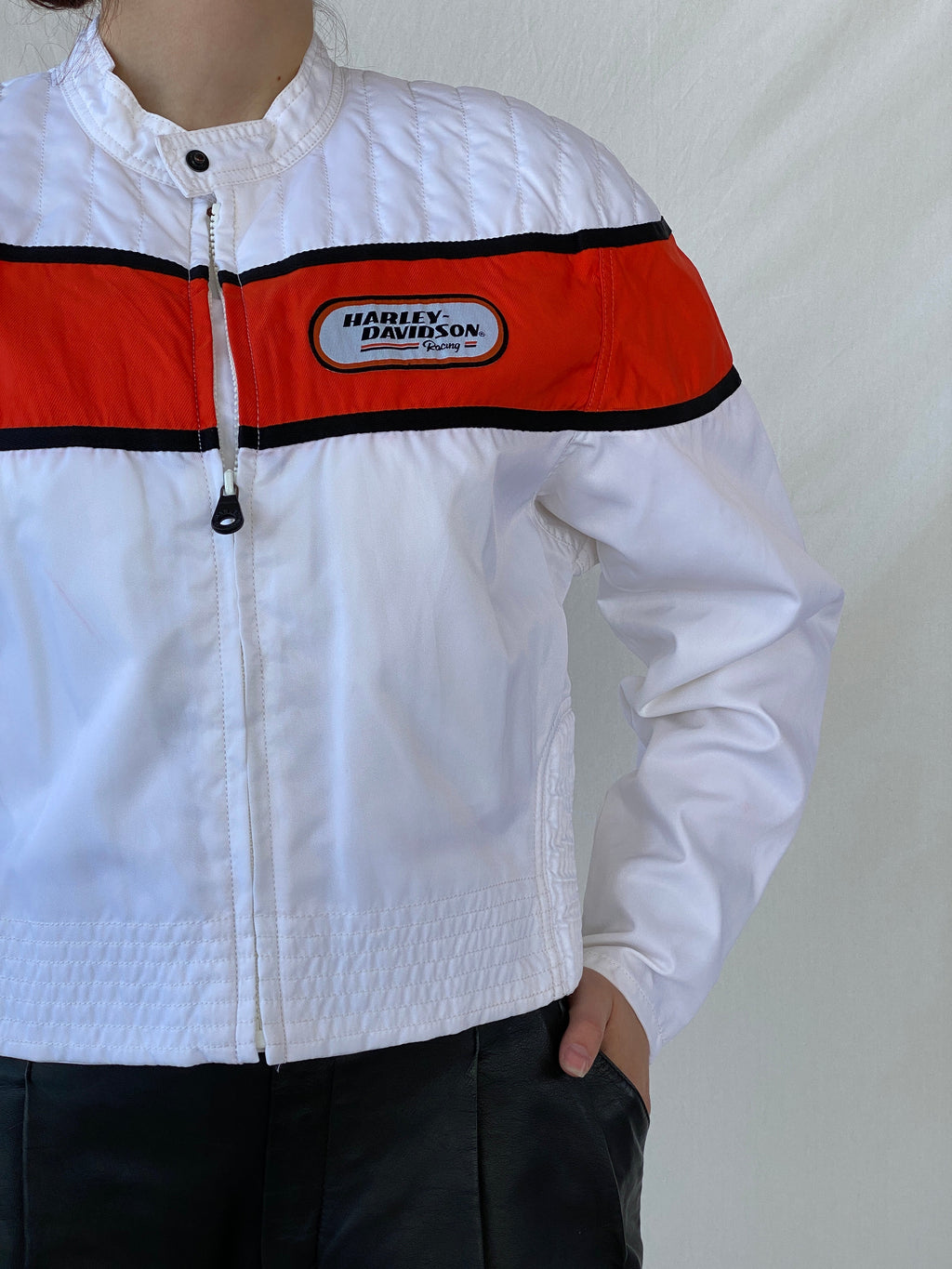 Vintage Harley Davidson Cropped Racing Bomber Jacket White & Orange Motorcycle Streetwear - L