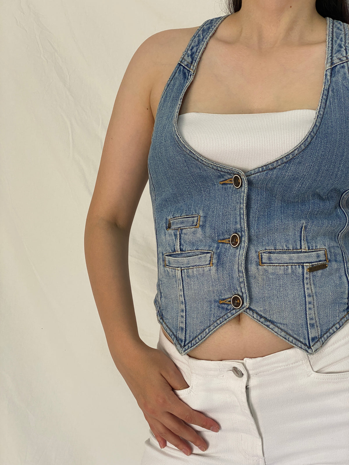 Vintage Y2K Roxy Blue Denim Racerback Button Front Vest Top - M Vintage Y2K Roxy Blue Denim Racerback Button Front Vest Top - M