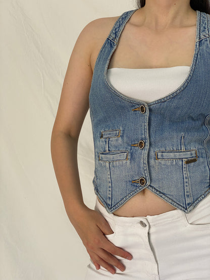 Vintage Y2K Roxy Blue Denim Racerback Button Front Vest Top - M