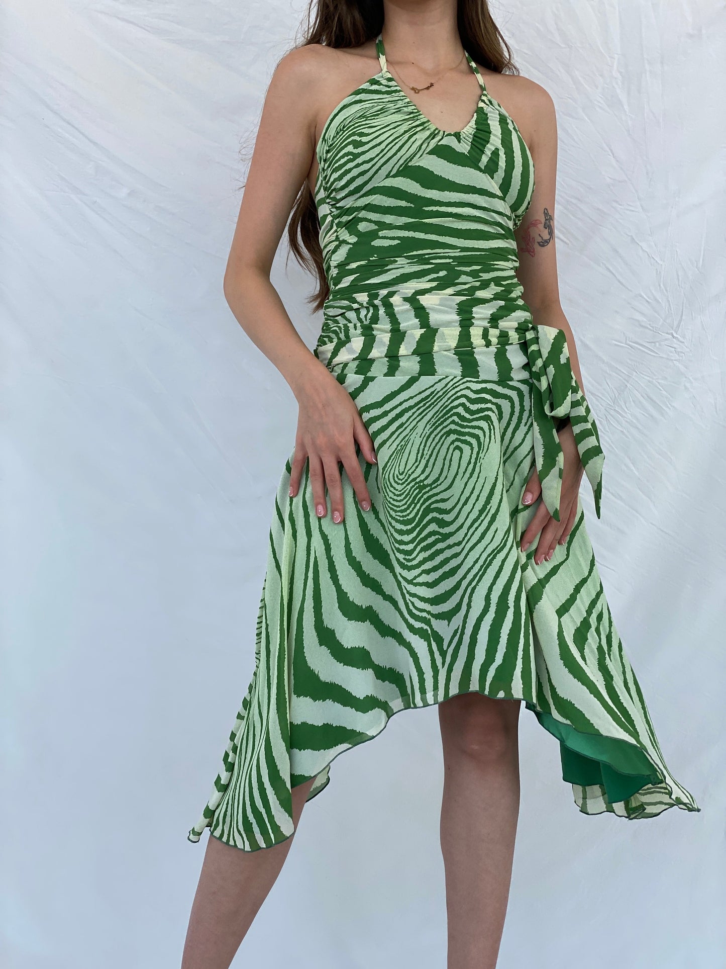 Pilgrim Green Asymmetric Zebra Print Ruched Waist Halter Dress - S