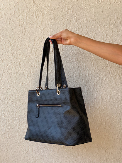 Vintage Y2K GUESS Black Monogram Logo Structured Tote Shoulder Bag