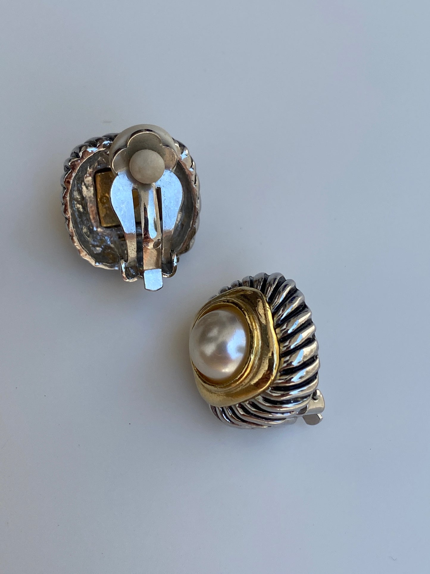 Vintage Two-Tone Faux Pearl Ribbed Clip-On Gold & Silver Earrings