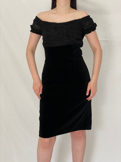 Vintage Black Velvet Off-Shoulder Floral Mesh 90s Romantic Evening Dress – M