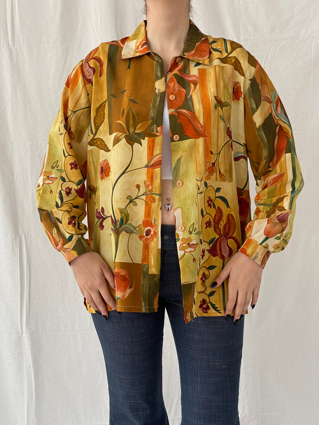 Vintage 90s Froggy Floral Full sleeve Women’s Summer Shirt - L