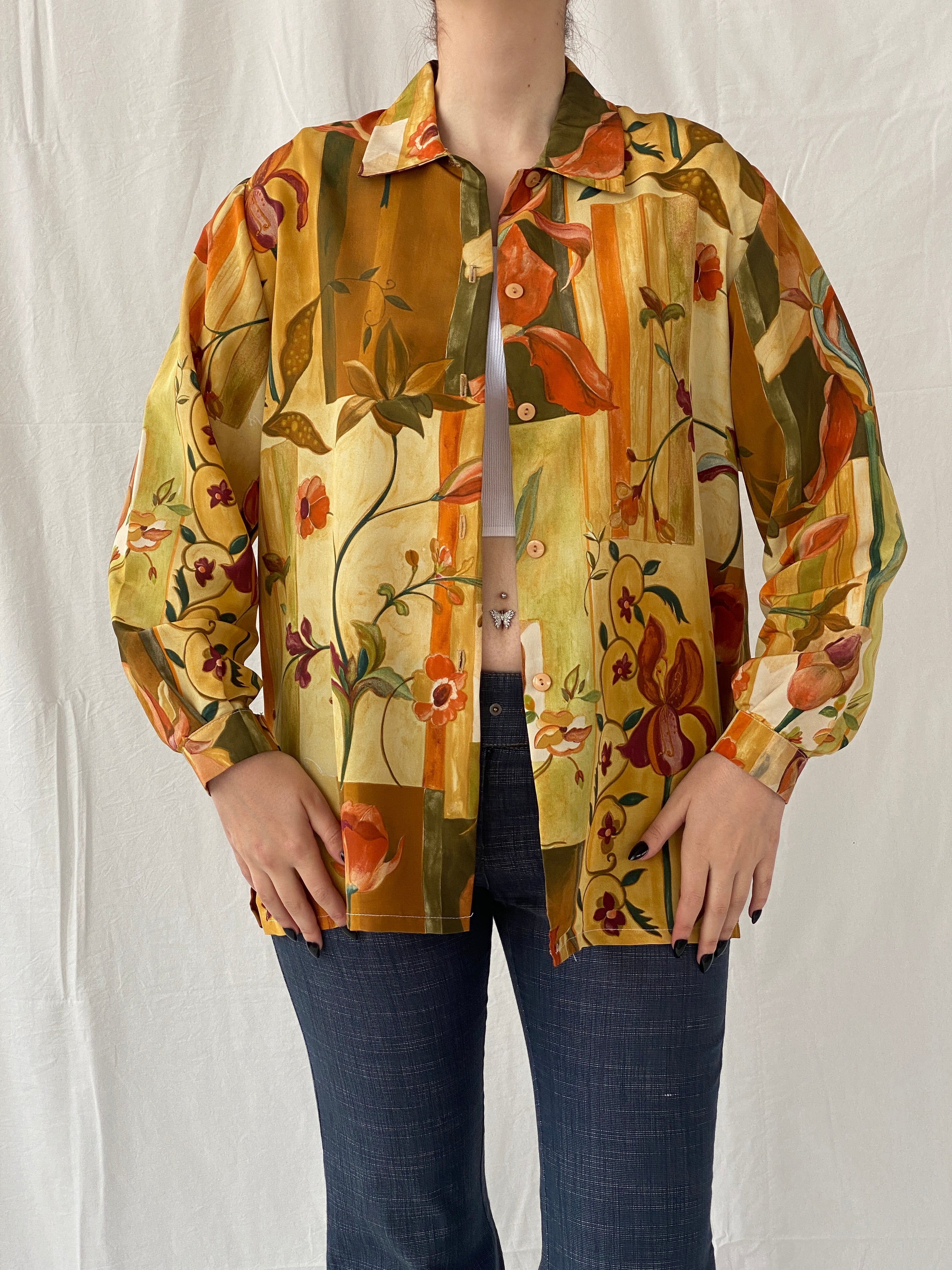 Vintage 90s Froggy Floral Full sleeve Women’s Summer Shirt - L