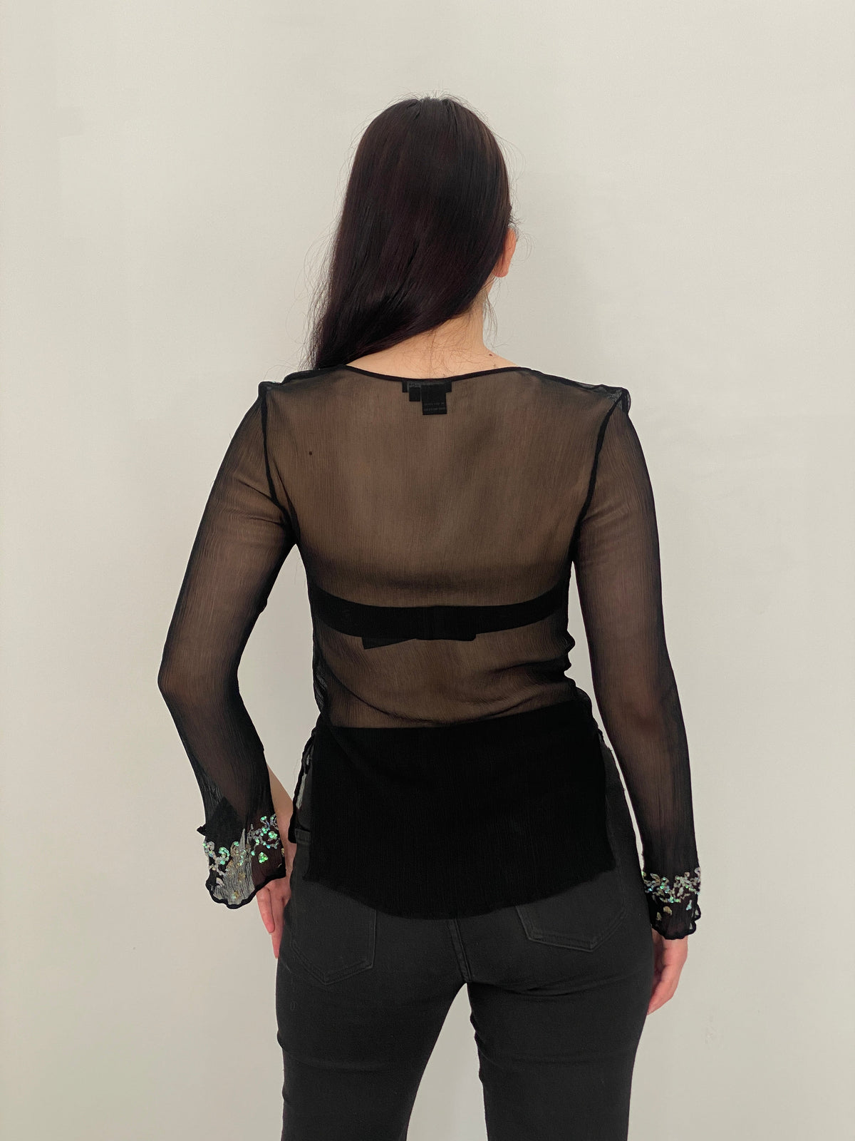 Vintage Venus Black Silk Sheer Sequin Embroidered Blouse – S