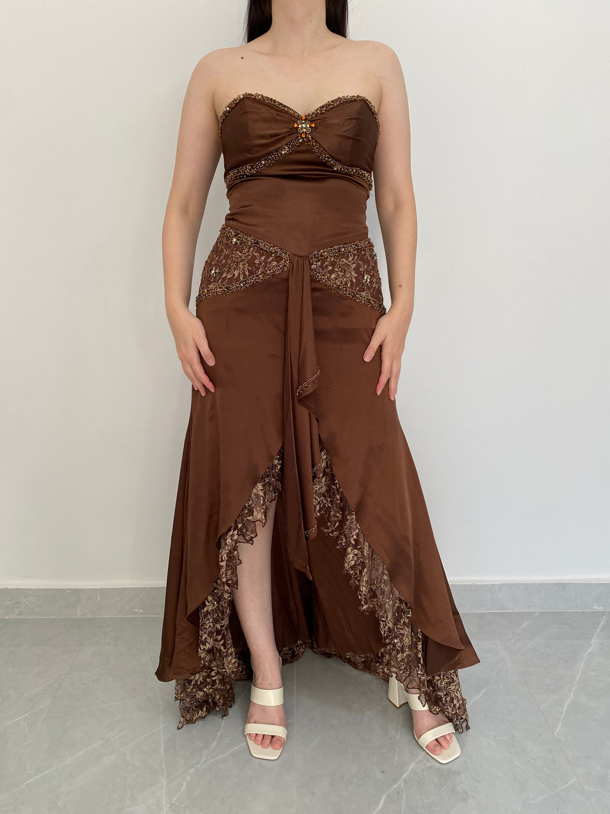 Vintage Party Time Brown Beaded Lace Strapless Formal Gown – M