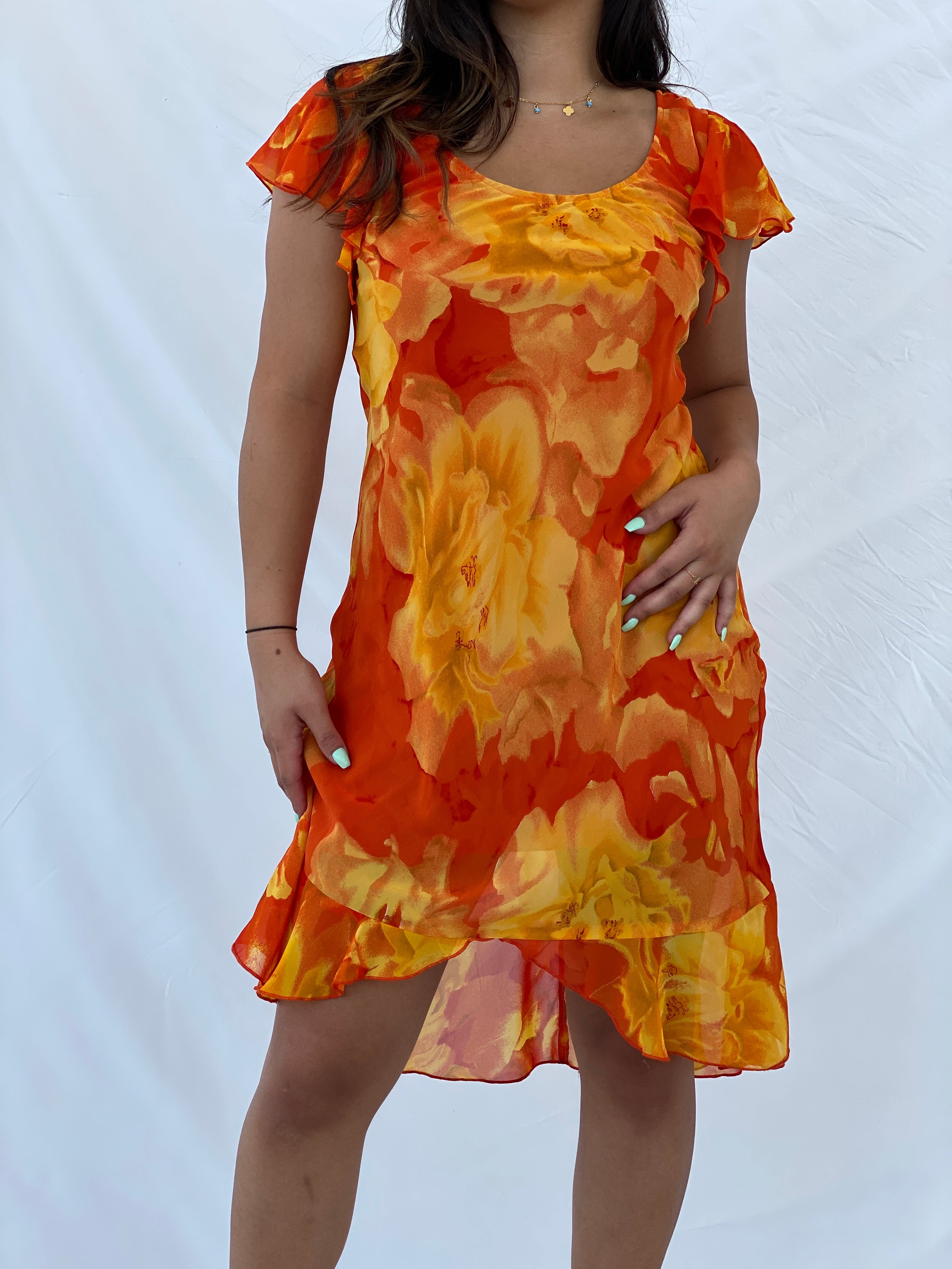 Vintage 90s Orange and Yellow Floral Midi Dress - S