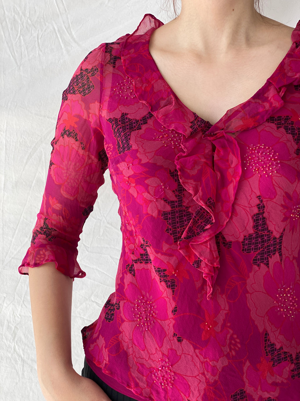Beautiful Vintage E C I New York Floral Pink Beaded Silk Ruffle See Through Blouse - M
