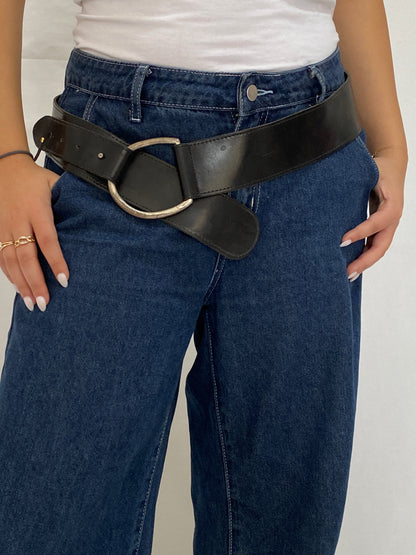 Vintage Black Wide Genuine Leather Belt Oversized Silver Ring Buckle Y2K Belt