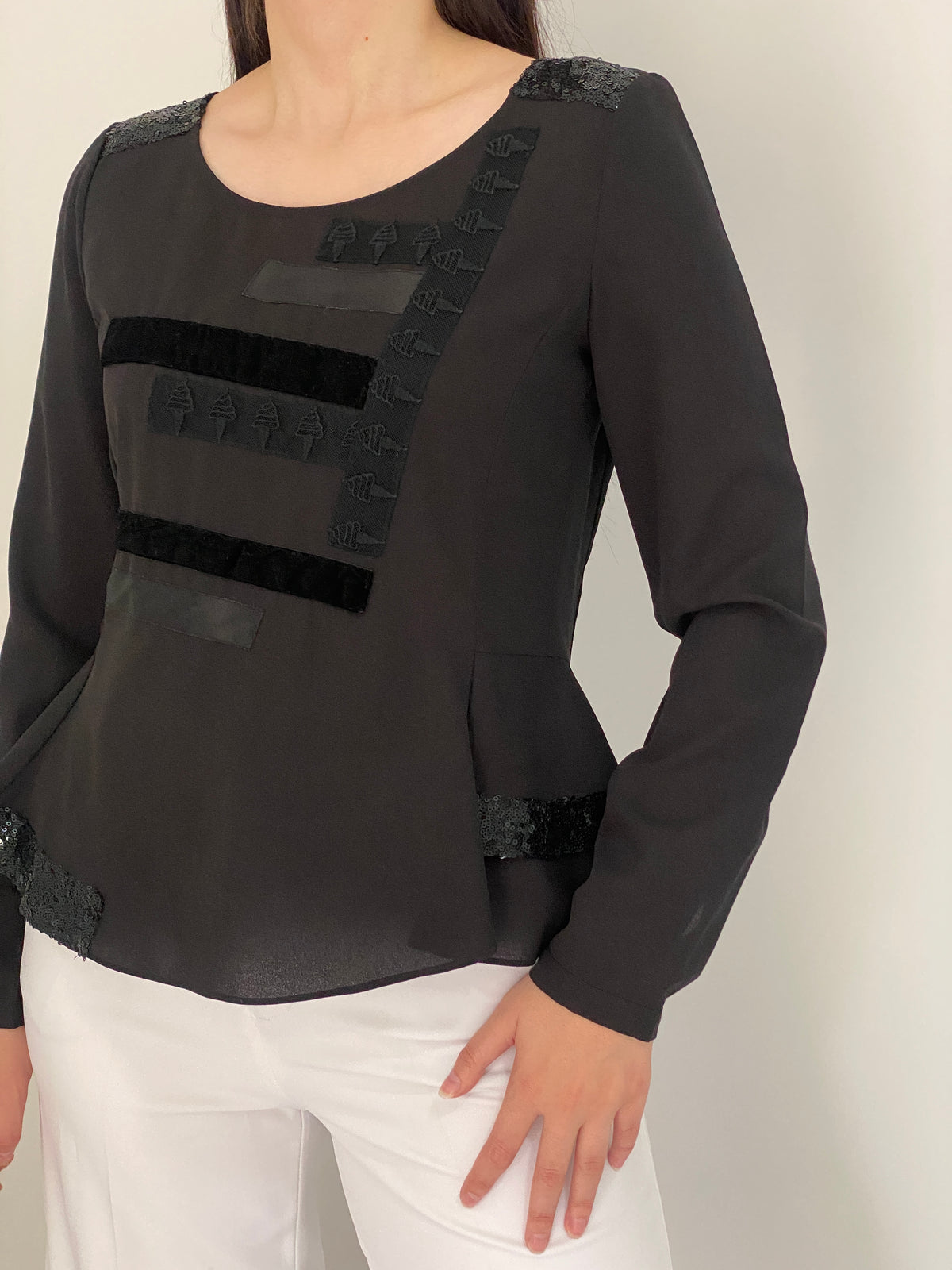 Vintage SÃO PAULO Black Sequin Patched Peplum Evening Top – S