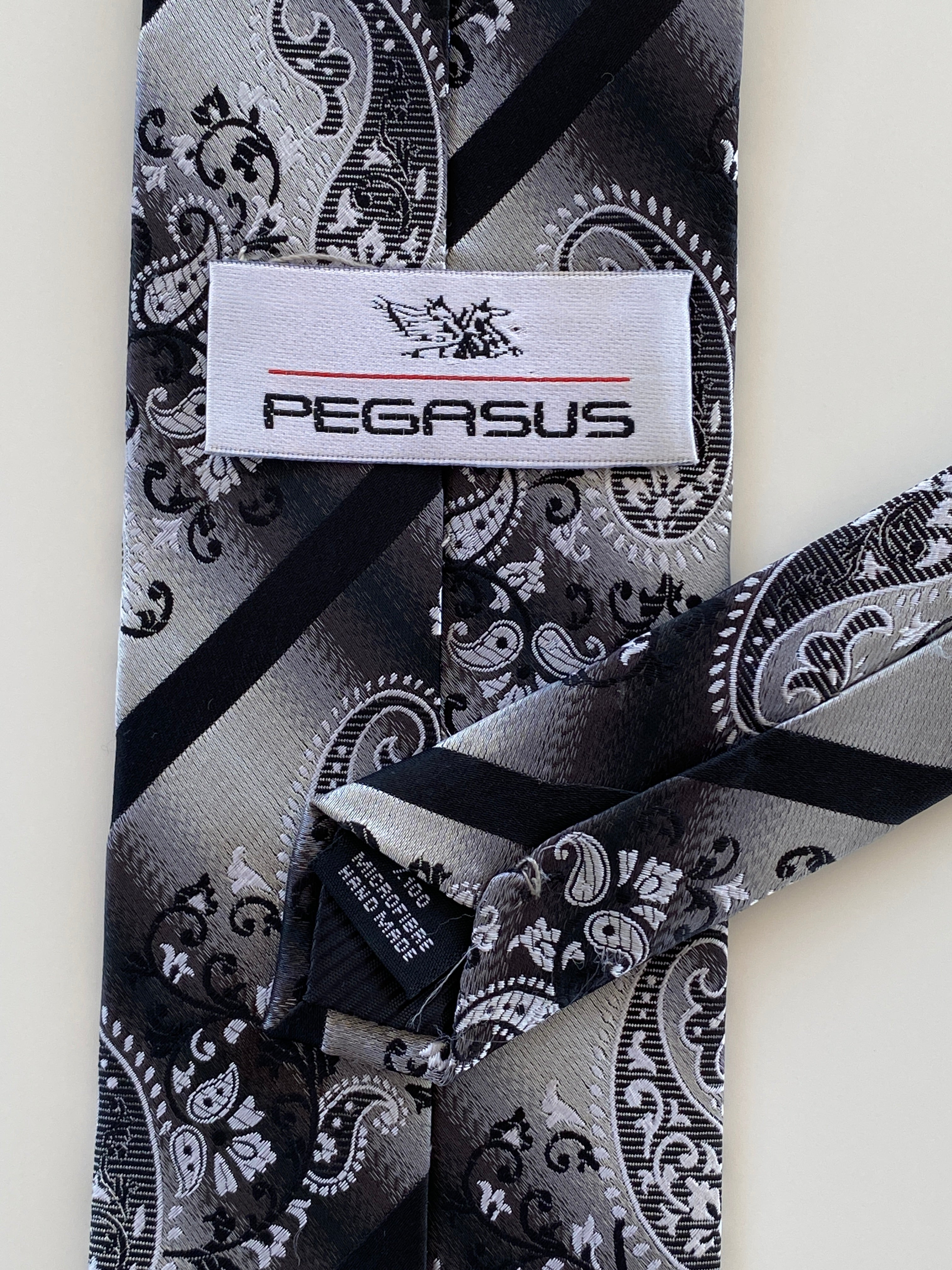 Handmade Pegasus Black & White Paisley Print Men’s Neck Tie