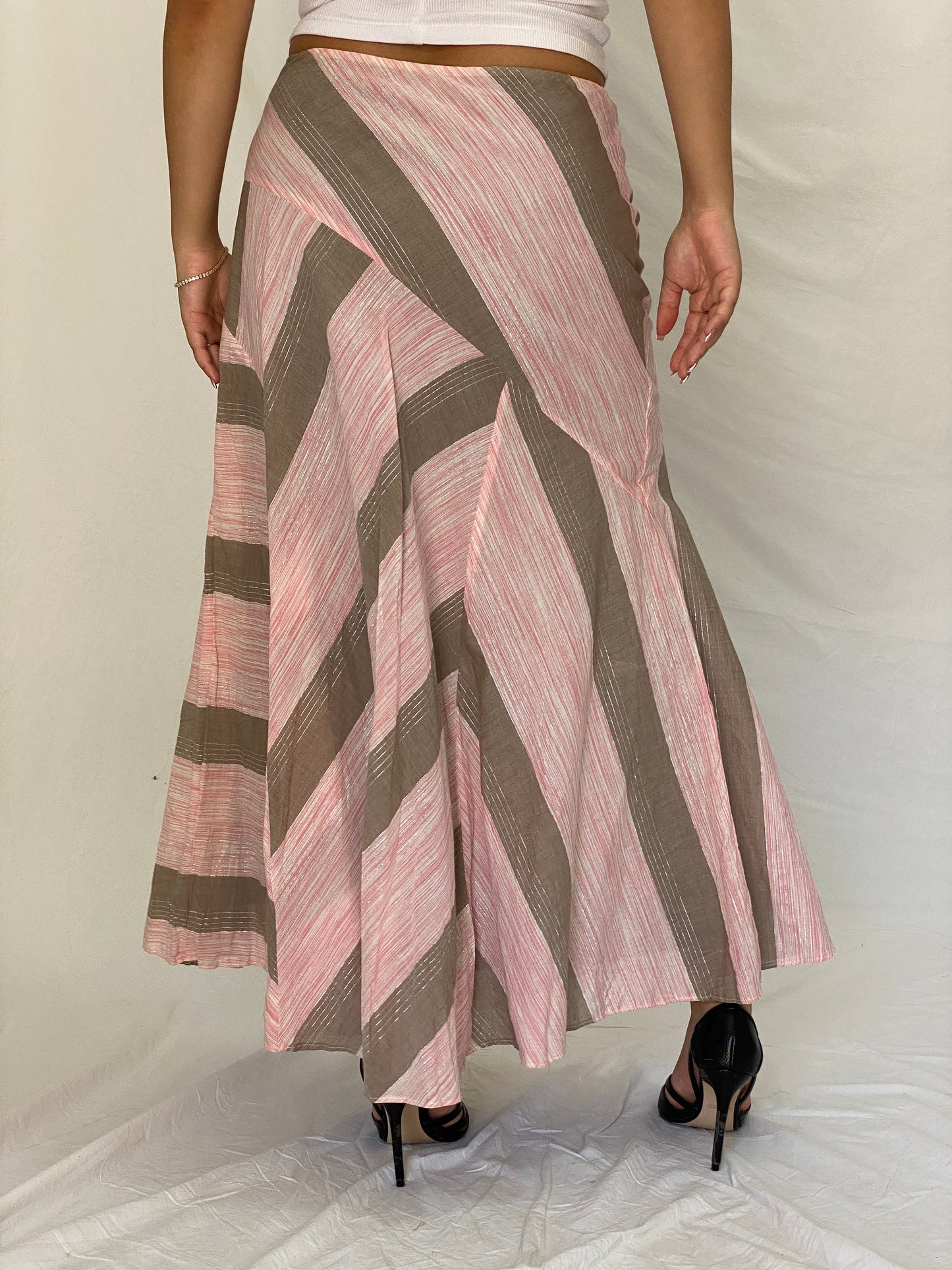 Vintage Y2K Woolworths Woman Pink & Taupe Linen Blend Chevron Maxi Skirt - M