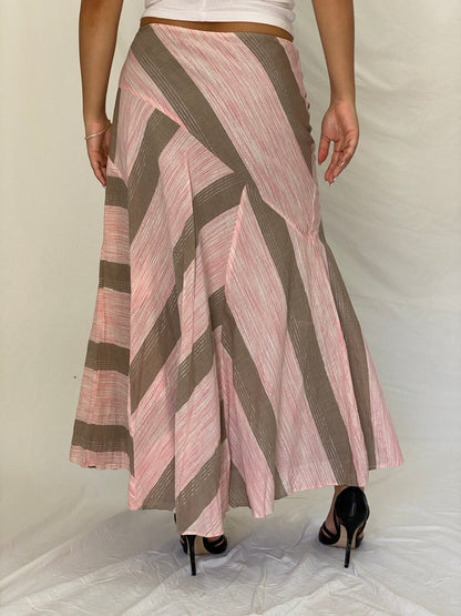 Vintage Y2K Woolworths Woman Pink & Taupe Linen Blend Chevron Maxi Skirt - M
