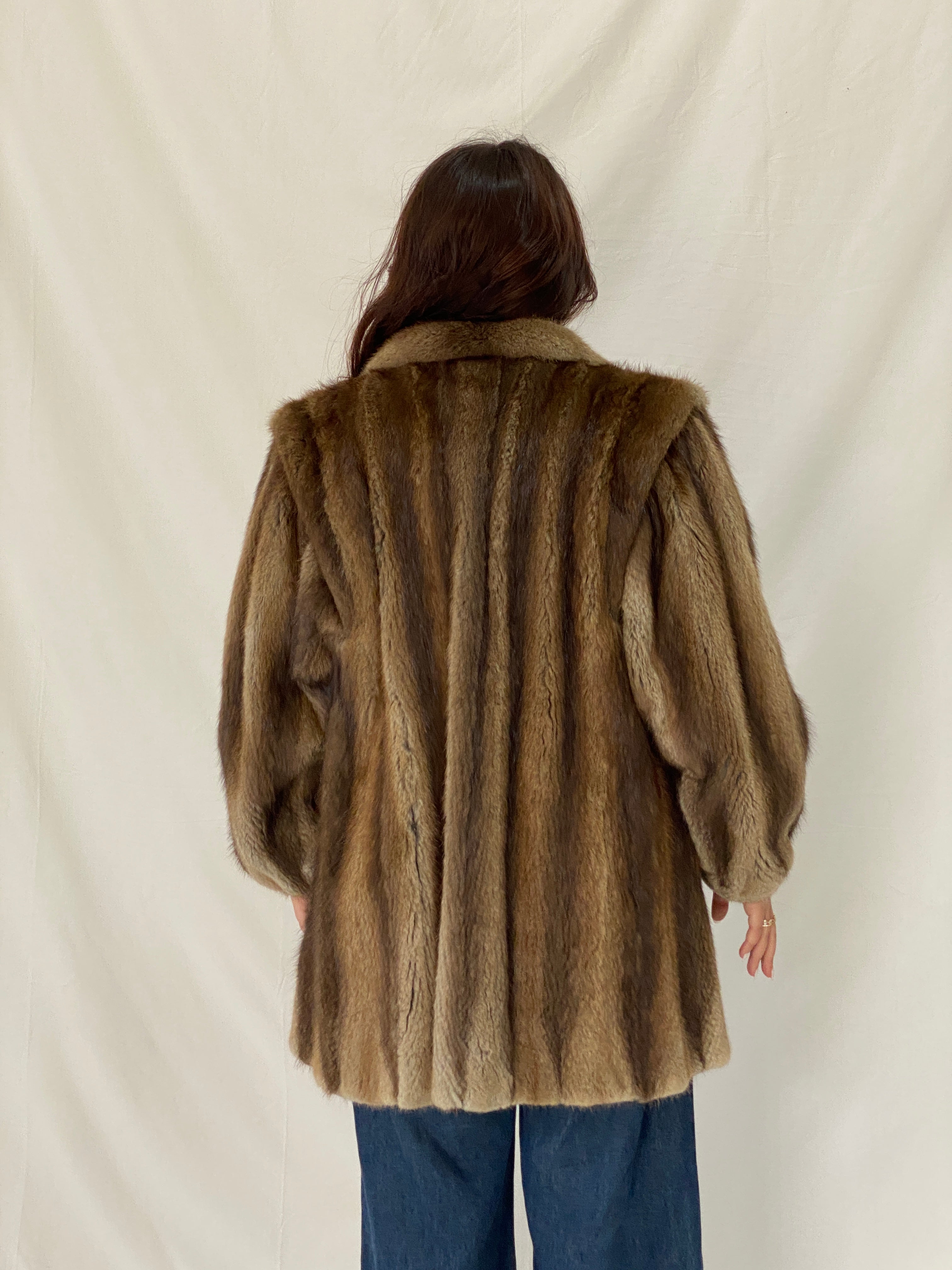 Vintage Natural Brown Mink Fur Coat Classic Mid-Length Luxury Winter Jacket - L