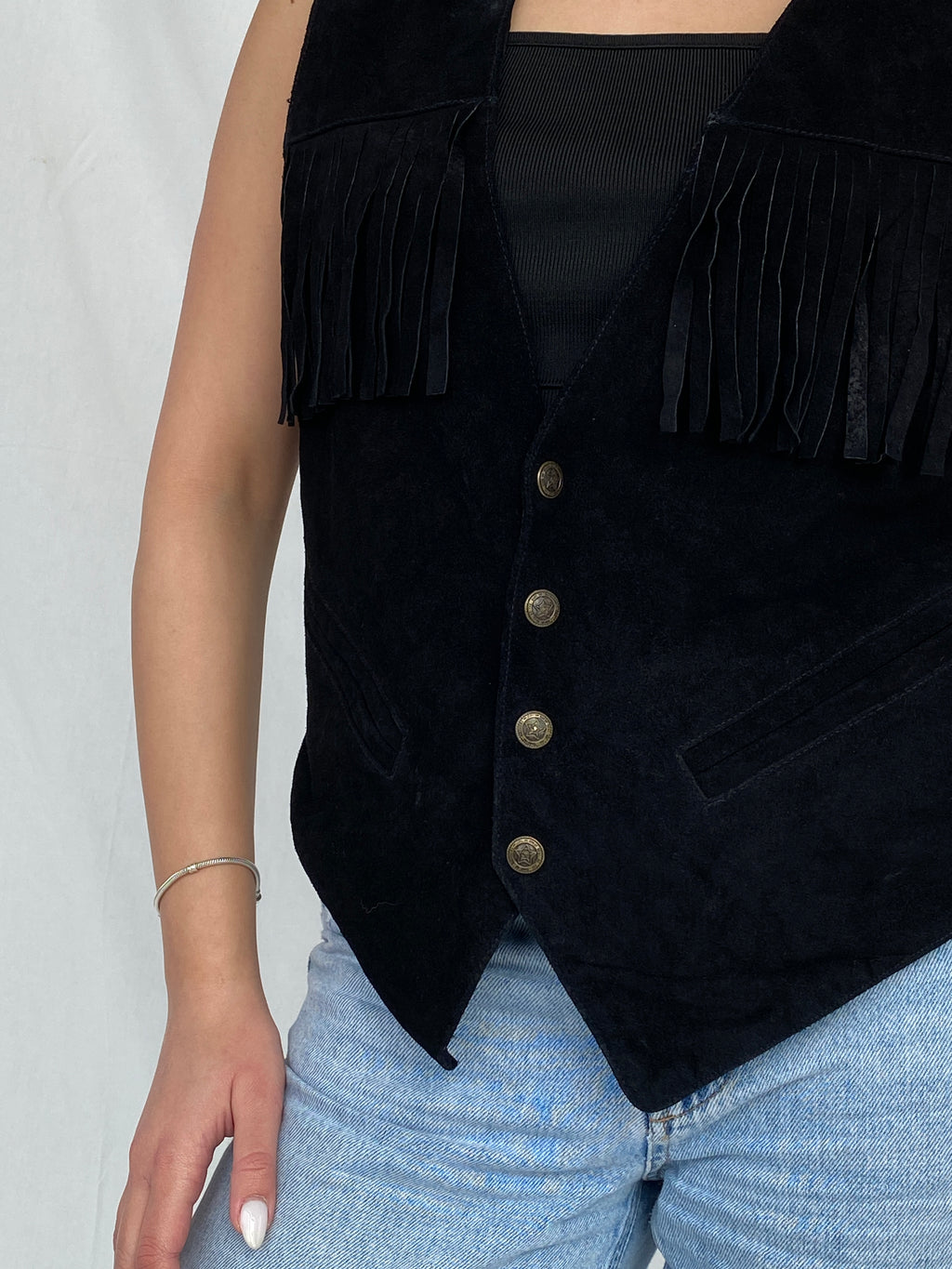 Vintage Copy Richt Concept Cowgirl Black Suede Fringed Women’s Boho Western Vest - M
