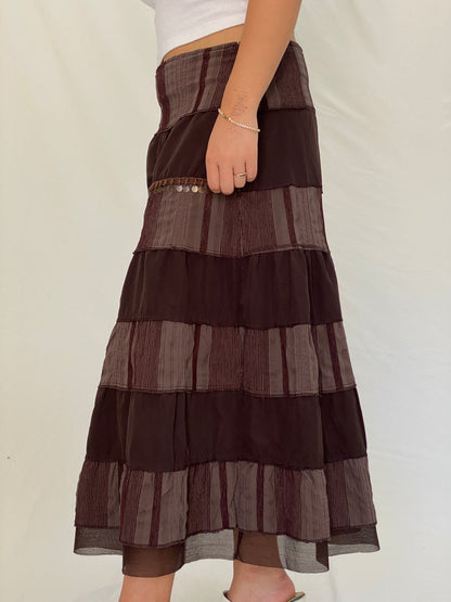 Vintage Y2K Boho CELAiA Brown Tiered Coin Trim Maxi Skirt – XL