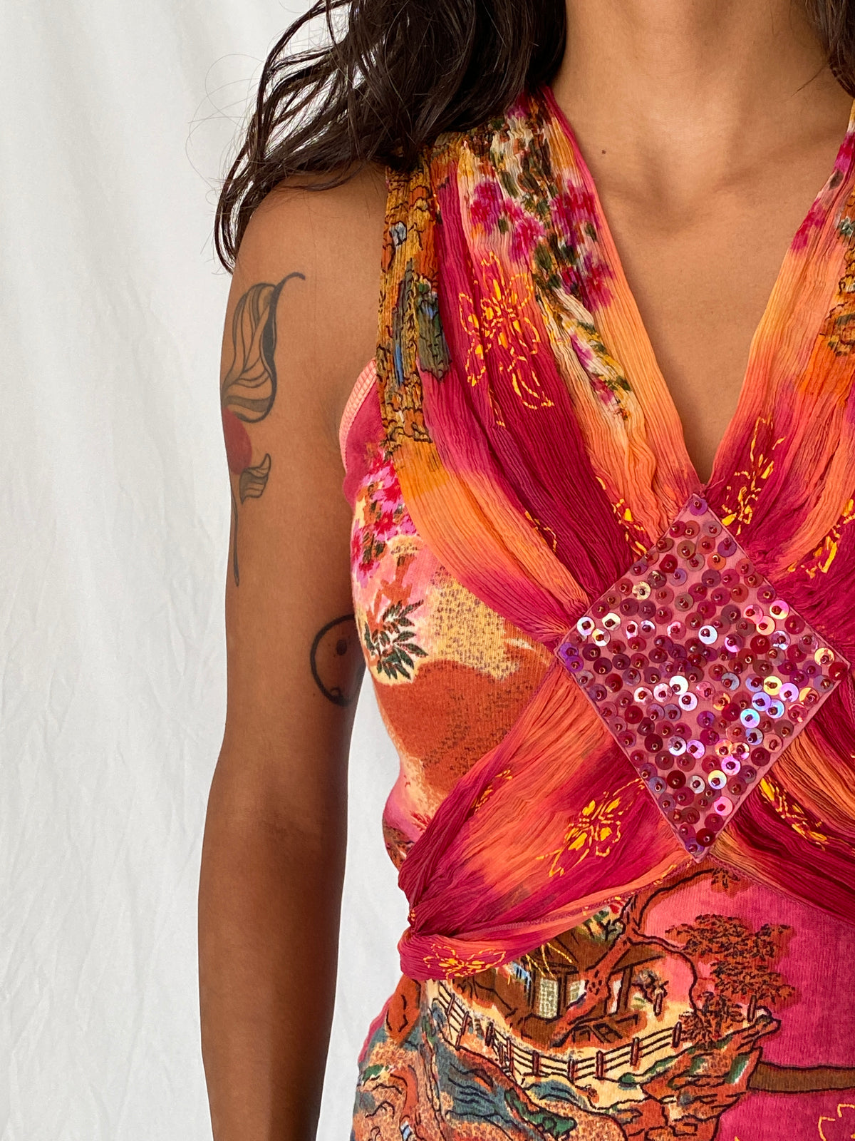 Vintage Y2K Derhy Pink Orange Embellished Floral Boho Draped Sleeveless Top - S Vintage Y2K Derhy Pink Orange Embellished Floral Boho Draped Sleeveless Top - S