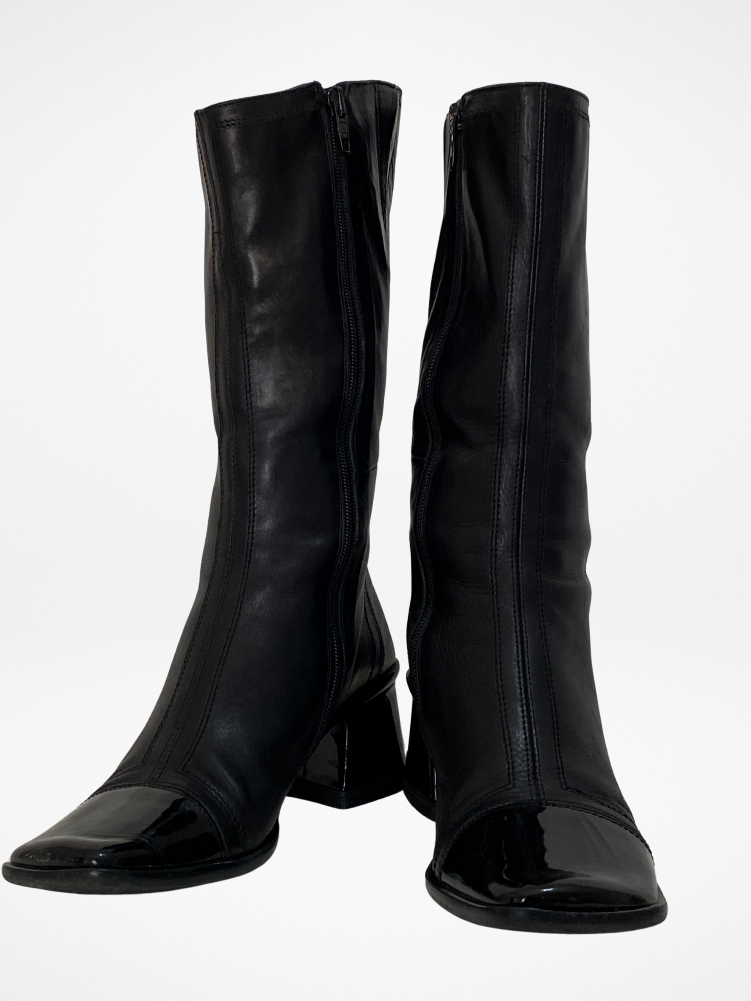 Vintage JOA Italian Black Leather Patent Block Heel & Square Toe Mid-Calf Boots - 36EU