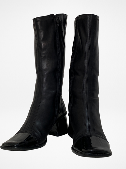 Vintage JOA Italian Black Leather Patent Block Heel & Square Toe Mid-Calf Boots - 36EU