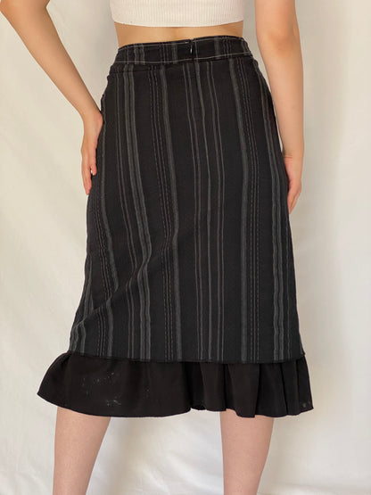 Vintage Y2K Kiabi Woman Black & Charcoal Striped Tiered Midi Skirt - M
